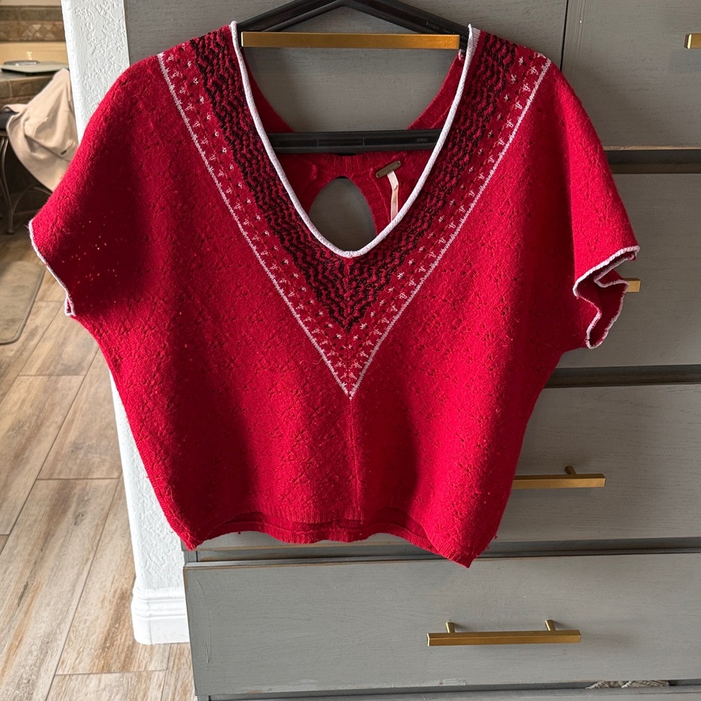 Free People Red V-Neck Short Sleeve Knit Top with White Trim